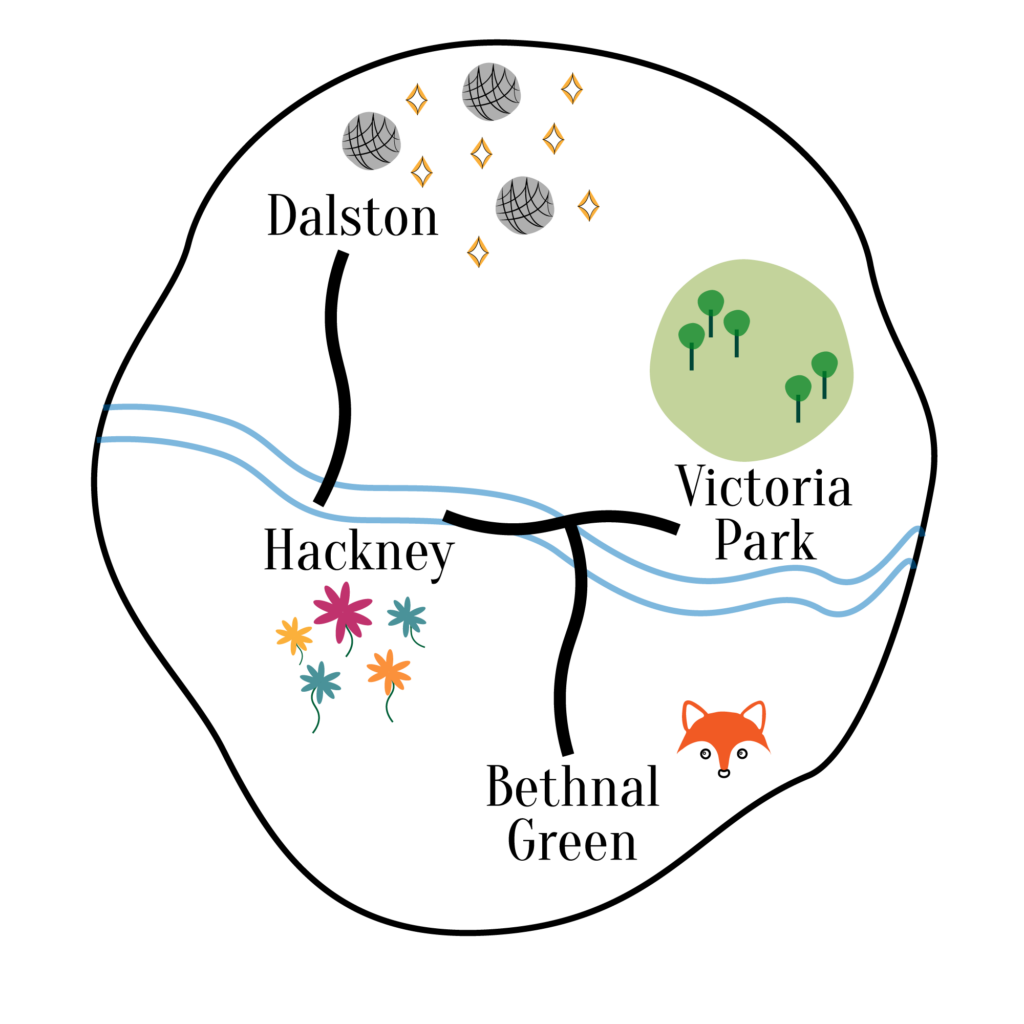 Playful illustrated map of East London showing Dalston at the top with disco balls, Hackney on the left with flowers, Victoria Park on the right with trees, and Bethnal Green at the bottom with a fox. A river runs horizontally across the map with simple line roads connecting the labelled areas. Click around the map to navigate between neighbourhoods and local bars. 