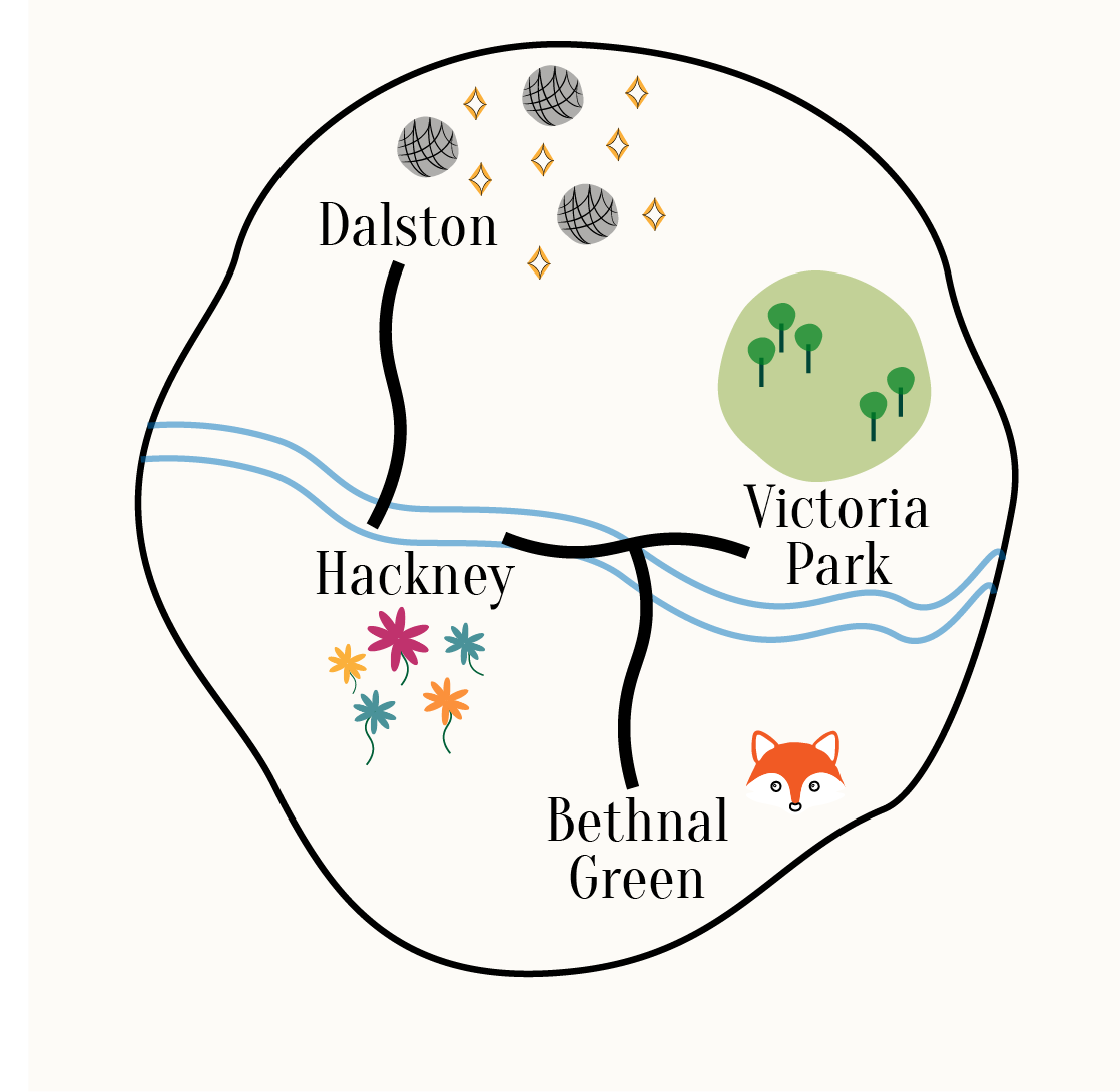 Playful illustrated map of East London showing Dalston at the top with disco balls, Hackney on the left with flowers, Victoria Park on the right with trees, and Bethnal Green at the bottom with a fox. A river runs horizontally across the map with simple line roads connecting the labelled areas. Click around the map to navigate between neighbourhoods and local bars.